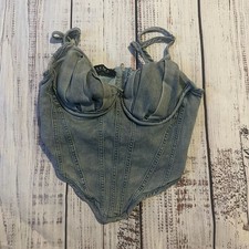 AKIRA Strappy Denim Y2K Corset Bustier Top in Light Wash-S