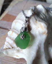 Sea Glass Necklace on Chain Pearl Accent Bead Hawaiian Beach Ocean Tropical