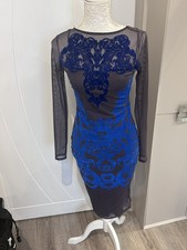 Asos Mesh Grey & Blue Velvet Print Bodycon Dress - Size 8 - VGC