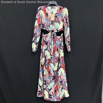 NWT Wmns VERO MODA Abstract leaf Print Long Sleeve Cut Out Summer Maxi Dress L
