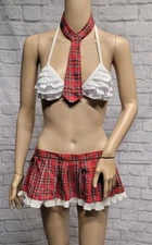 SEVEN TIL MIDNIGHT OS S M L XS PLAID CHIFFON RUFFLE TIE SCHOOL GIRL SEXY COSTUME