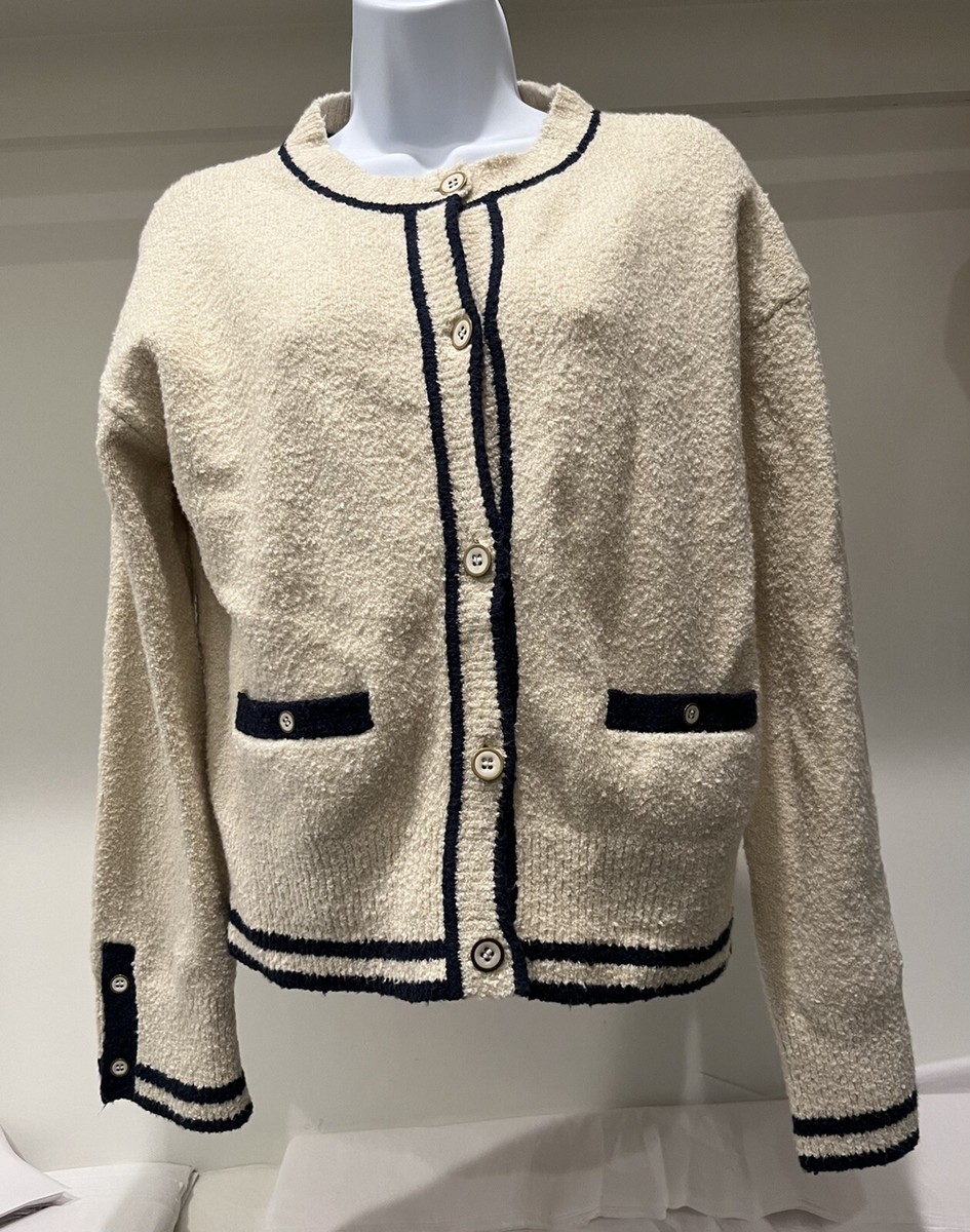 J.Crew Cotton Bouclé Cardigan Sweater Ivory/Navy Trim Womens