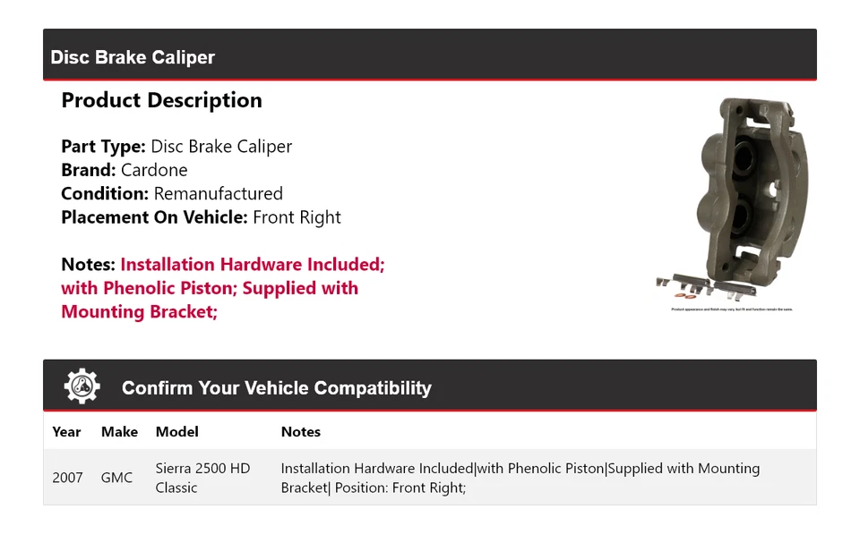 For 2007 GMC Sierra 2500 HD Classic Disc Brake Caliper Front Right Cardone - Image 2 of 4