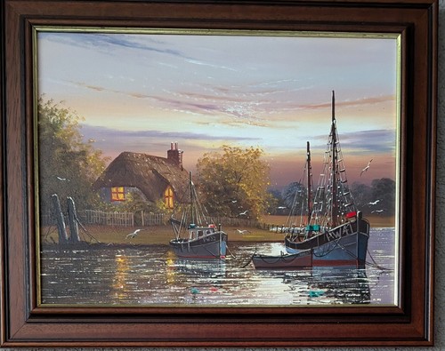 STUNNING WELL EXECUTED GORDON ALLEN Framed & Signed Fishing Boats Oil On Canvas. - Picture 4 of 15
