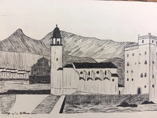 Beautiful Drawing Collioure Church Seaside India Ink Circa 1950 Signed