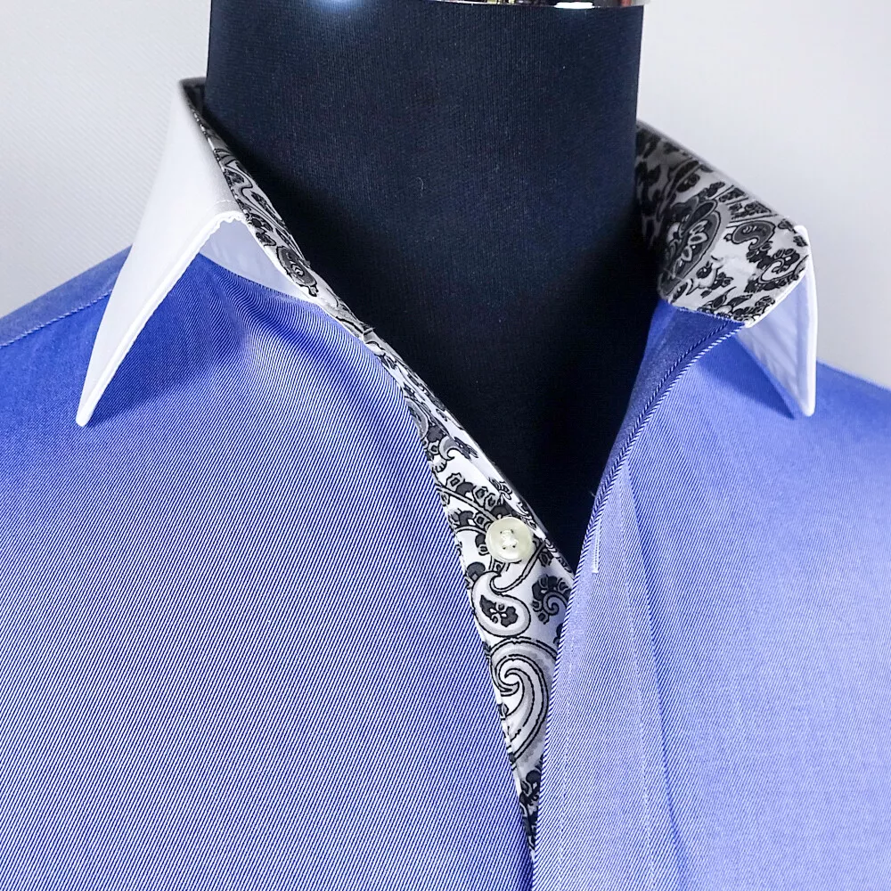 Mens Blue Twill Formal Business Dress Shirt White Collar Contrast French 2x Cuff