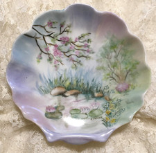 Vintage Trinket Dish Hand Painted Shell Shape Floral Pond Water Lily Scene