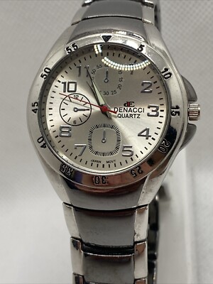 Denacci Mens Silver Tone Quartz Watch Works New Battery!