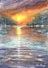 painting 12’’x16’’ Seascape  yachts sunset in the reflection Original Watercolor