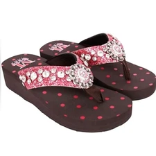 Montana West Brown Flip Flops with Pink Glitter and Rhinestone Concho NIB