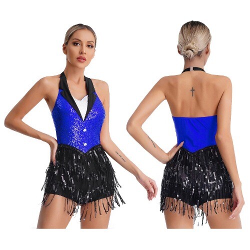 Damen Jazz Latein Tanz Kostüm Neckholder Rückenfrei Glitzer Pailletten Fransen Overall - Bild 9 von 22