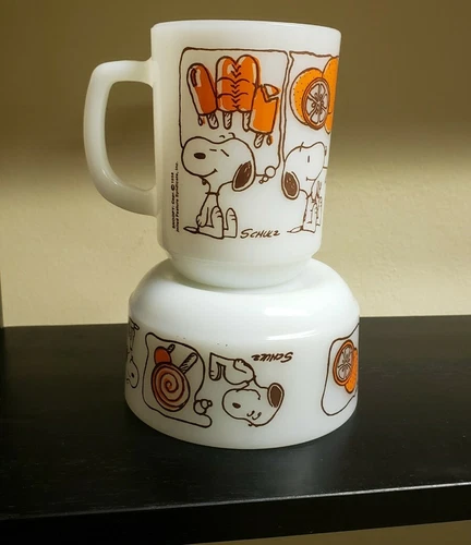 2 FIRE KING SNOOPY MILK GLASS MUG & MATCHING BOWL