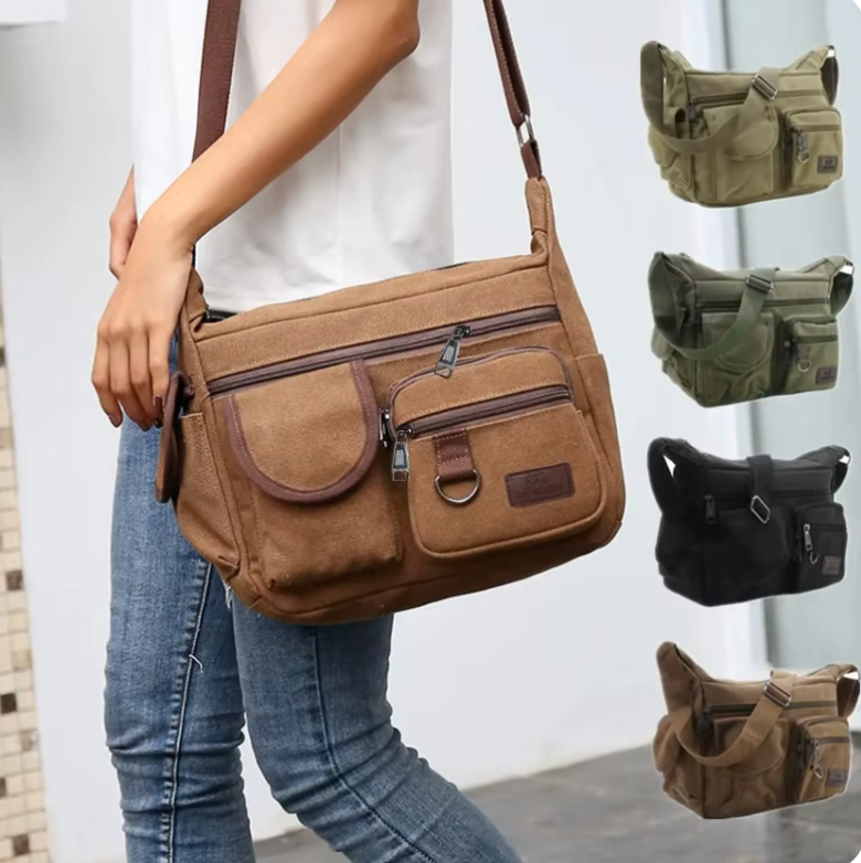 Sac Reporter Bandoulière Homme En Toile Kaki Vintage - Neuf Avec étiquettes, 21x14x31cm
