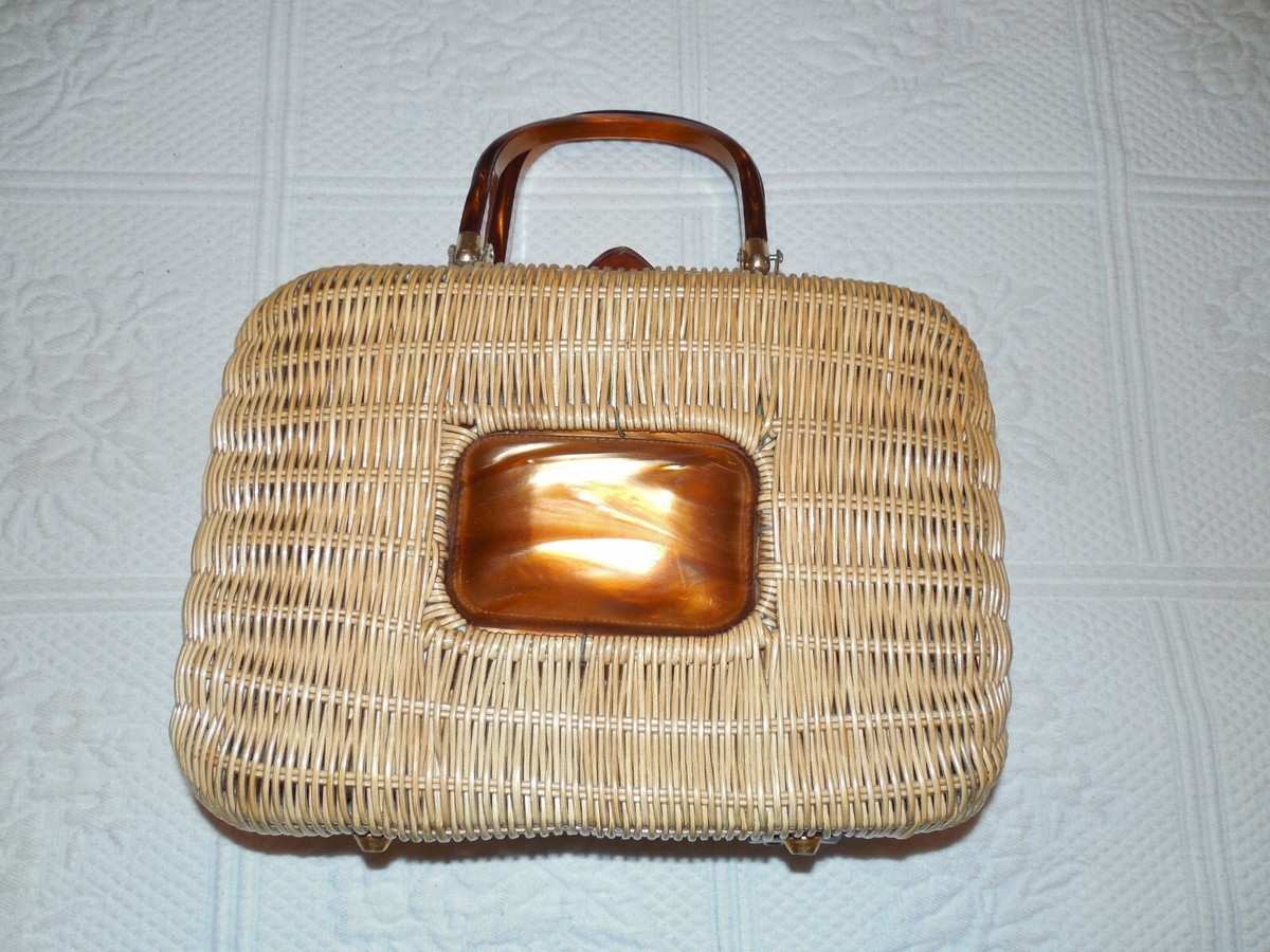 Vintage 1960's Straw Wicker Handbag Purse With Tortoise Shell Look Vintage 1960's Straw Wicker Handbag Purse With Tortoise Shell Look