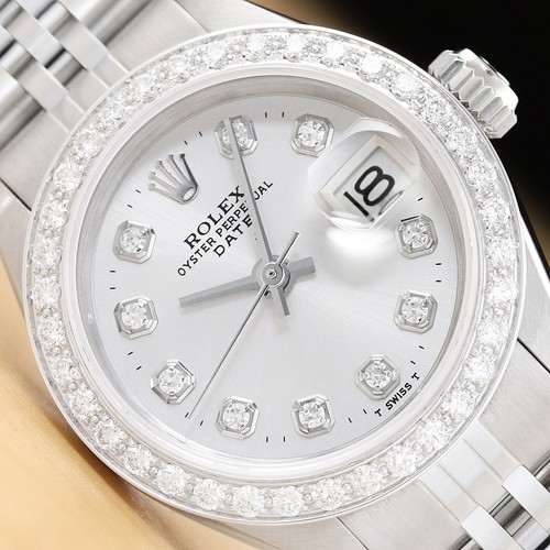 LADIES ROLEX DIAMOND DATE 18K WHITE GOLD STAINLESS STEEL SILVER DIAL WATCH - Picture 1 of 7