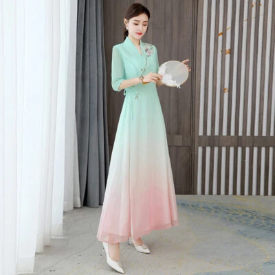 Chinois Qipao Femme Floral Mousseline Hanfu Maxi Robe Boule Robe Fairy - Photo 1/4
