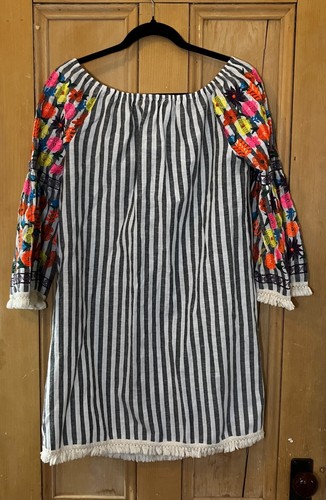 Philosophy Womens Striped Linen Embroidered Floral Dress Size Small Gray SP EXC - Picture 9 of 11