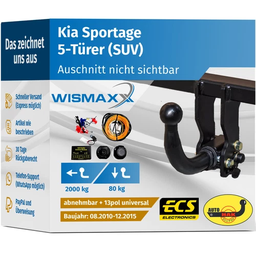 ANHÄNGERKUPPLUNG abnehmbar für Kia Sportage 10-15 +13polig E-Satz ABE - Bild 1 von 3