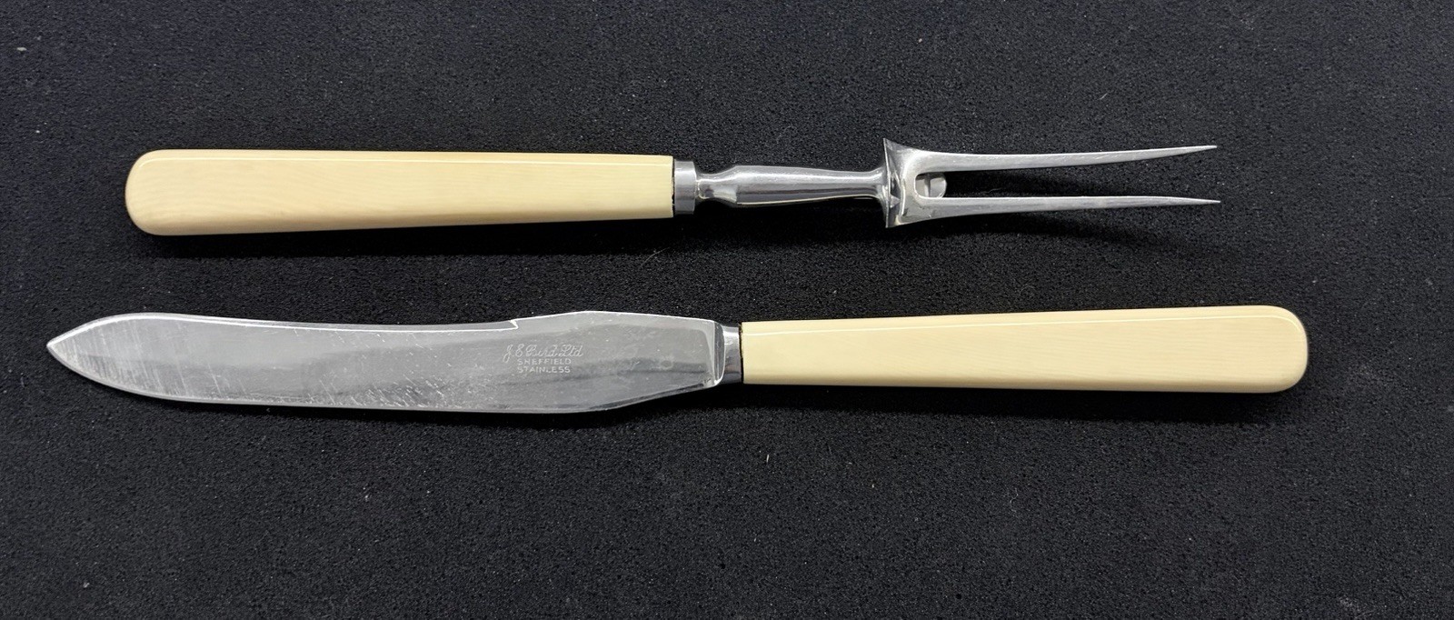 Set of 2 Vintage Sheffield J E Bird  Bone Handle Serving Knife 10.25” & Fork 11”