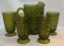 Vintage Indiana Whitehall Glass Pitcher & 4 Cups Avocado Green Cubist Pattern