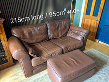 Brown Leather Sofa with Rolled Arms & Matching Footstool 215 x 95cm, H90