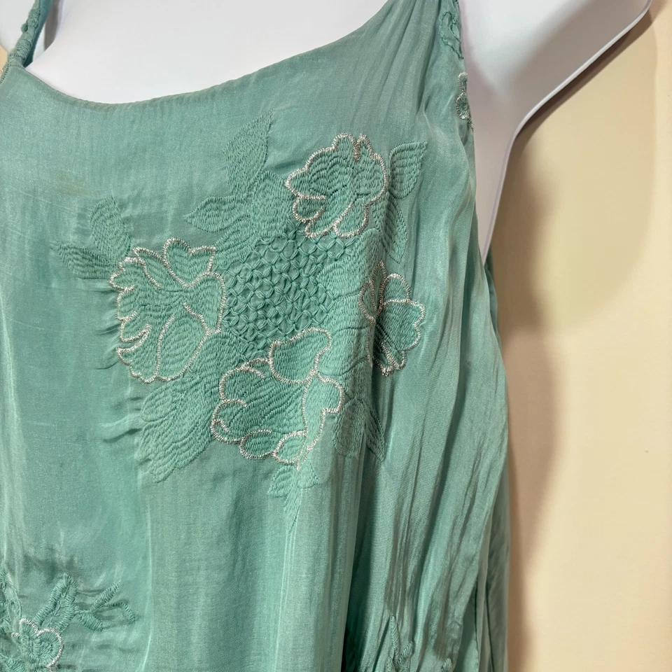 Безымянный Итальянский Шелковый Топ Cami Женский M Сине-зеленый Цветочный Вышитый Струящаяся Фея - Изображение 2 из 4