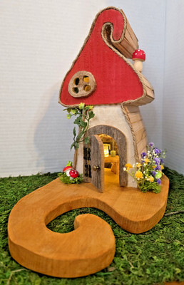 11'' Cedar Built Mushroom Fairy House On Breadboard Super Detailed w/LED Lighting