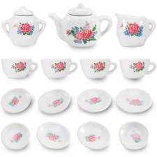 17 Pieces Floral Miniature Porcelain Ceramic Tea Set - Pretend Play Mini Kitc...