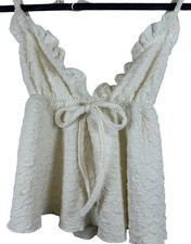 Ivory Textured Babydoll Crop Top Ruffle Bow Cross Strap Creamy Small Cami