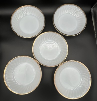 5 Fire King Golden Anniversary Milk Glass Swirl Gold Edge Bowls EUC Vintage