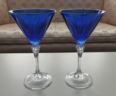 Vtg 2 COBALT BLUE Bohemian CRYSTAL Clear Stem Large MARTINI/COSMO Glasses 8 oz.