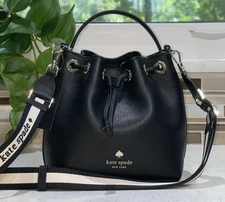 KATE SPADE EMMA SMALL BUCKET CROSSBODY HOBO BAG SATCHEL BLACK LEATHER STRIPE