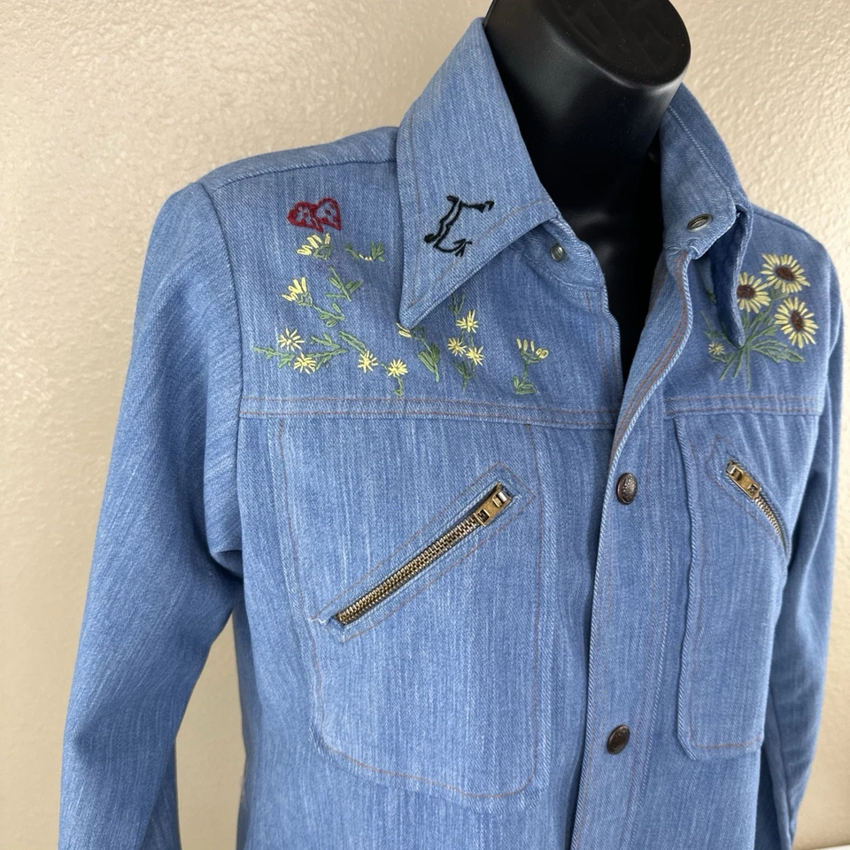 Vtg 70s Brushed Denim Leisure Suit Pantsuit Embroidered Pants Jacket Disco S/M - Image 3 of 4