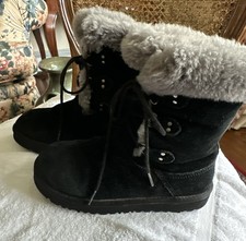 UGG Sophy Girls Size 3 ABlack Grey Faux Fur Lace Up Warm Winter Snow Boots