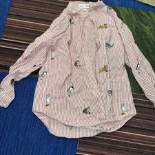 VTG Casey Coleman Red White Striped Button Shirt Top Cat kitten Embroidered M