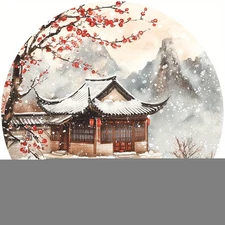 1pc Fantasy Asian-Inspired Cliffside Cabin Aluminum Wall Art - 7.87 Inch Round W