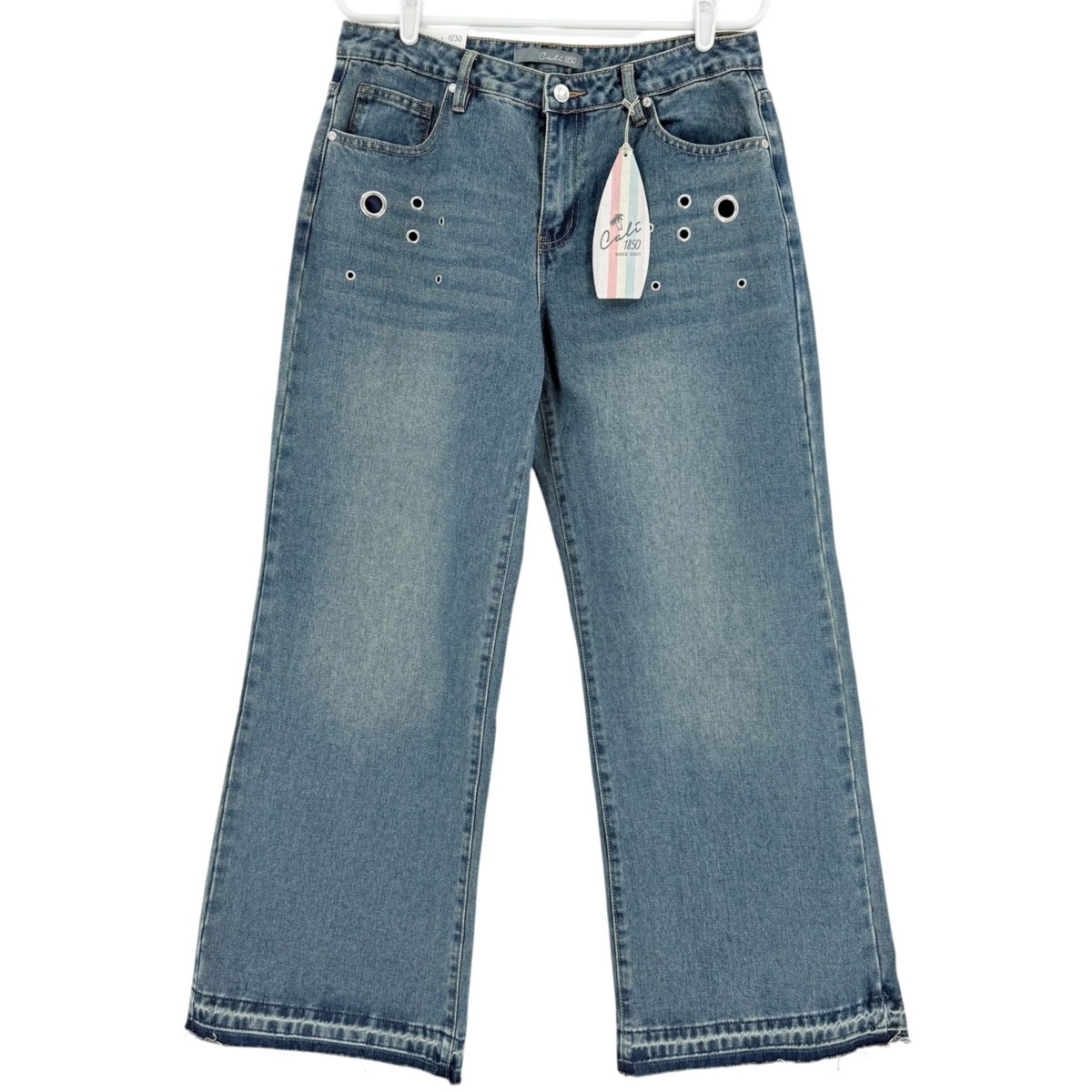 Cali 1850 Women's Wide-Leg Raw Hem Grommet Blue Denim Jeans Size 7/28 NWT