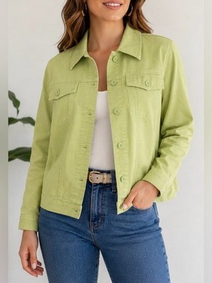 Relativity Light Lime Button-Up Jean Jacket 100% Linen sz M