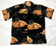 Makani  Hawaiian Luau Short Sleeve Shirt  Black  Orange Sunset Palms  Size M