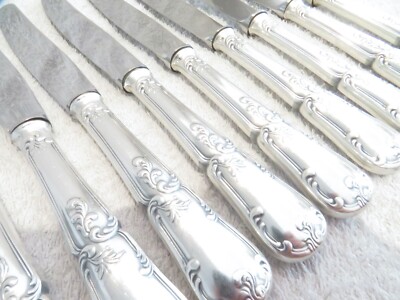 12 Couteaux à Dessert Argent Massif Style Rocaille - Début XXe