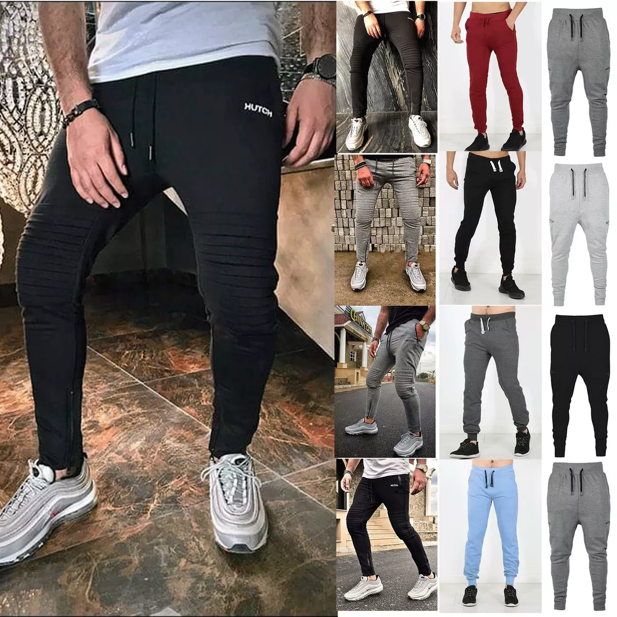 Hutch Designer Mens Slim Fit Zip Bottoms Joggers Sweat Pants Jogging Gym  Trouser