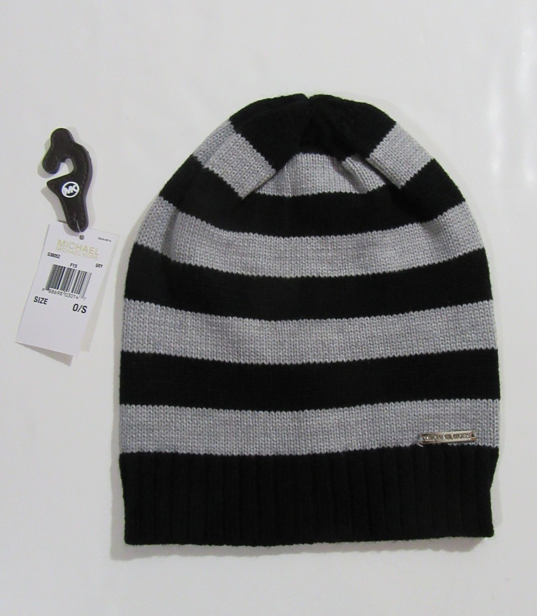 Michael Kors Slouchy Beanie Hat Black and Derby Grey Striped 