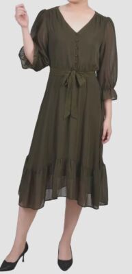 NY Collection Women's Green 3/4 Sleeve V-neck Flounced Dress Petite Size PS