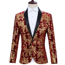 Men Floral Sequin Shawl Lapel Suit Jacket Velvet Blazer Wedding Prom Coat Tops