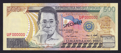 フィリピン　ニノイアキノ500ペソSPECIMEN (見本) NEW DESIGN 500 Pesos SPECIMEN RED SERIAL SOLID NO. UF000000