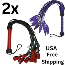 2X Real Cow Leather Flogger Whip Set | 09 Braided Falls Purple & Red Roses