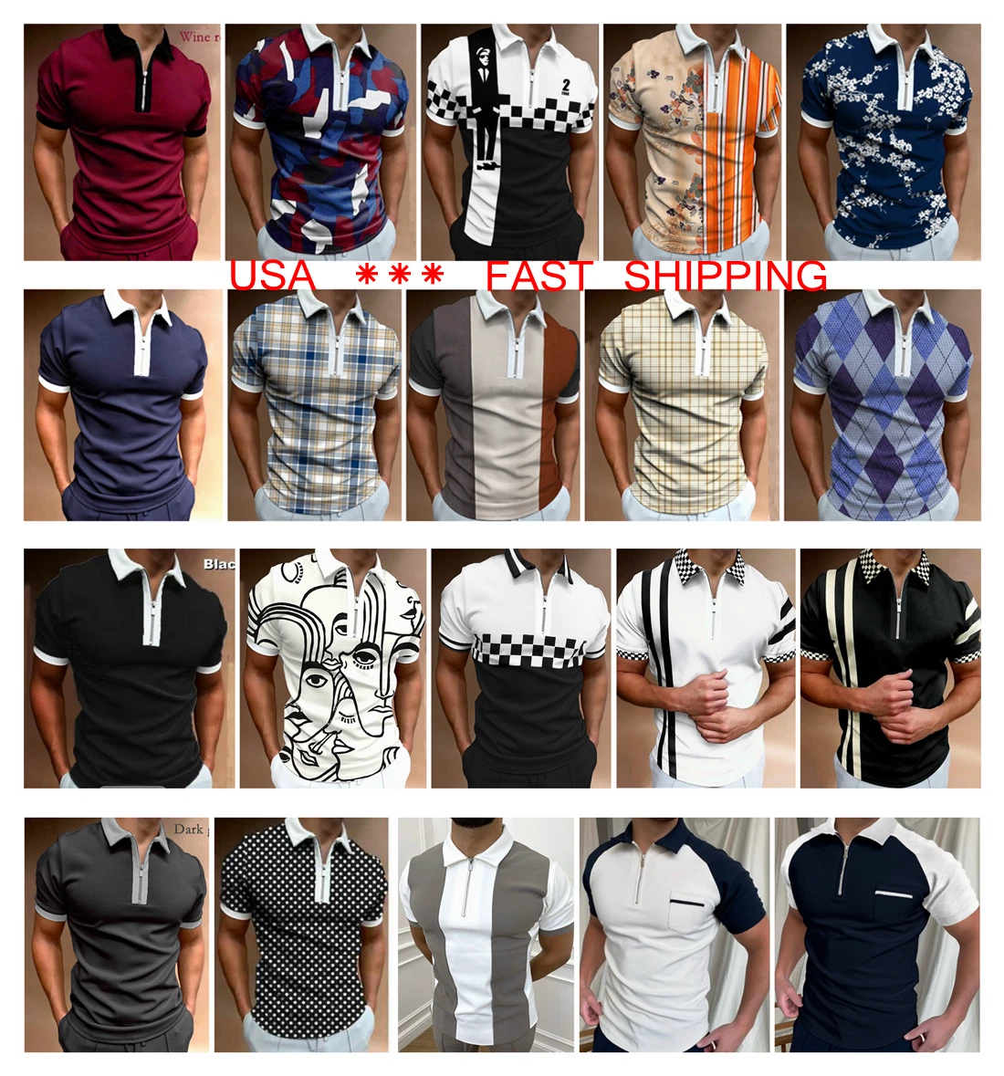 2022 Summer Print T Shirt Men Zip Stand Collar Short Sleeve Casual