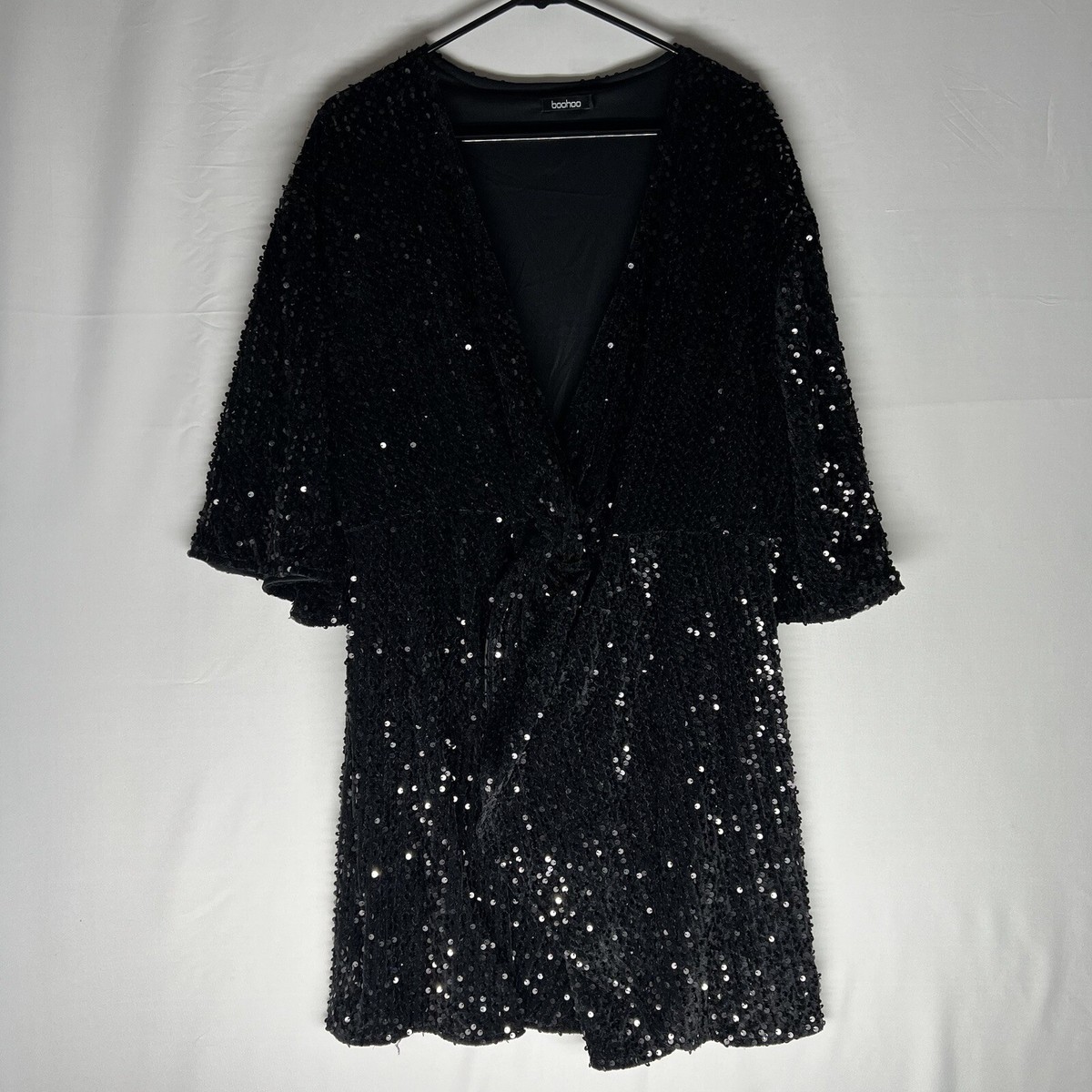 boohoo Dress Women's 16 Black Sequin Twist Front 3/4 Flutter Sleeve Short Party