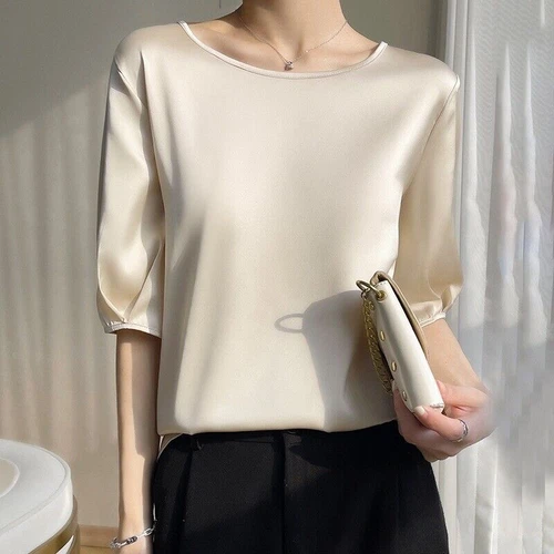 Damen Elegant Satin 3/4 Ärmel Seide Tops Rundhals Bluse T-Shirt Locker Freizeit - Bild 15 von 30