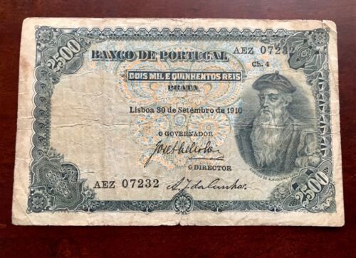 1910 Azores 2 1/2 Mil Reis Prata Circulated, Rare